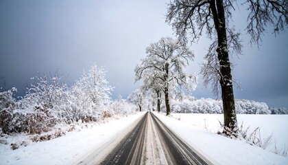 Obraz premium Snowy winter road through trees
