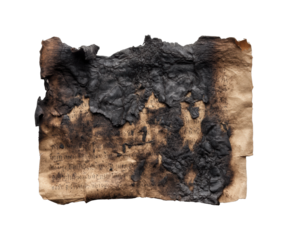 Burnt ancient manuscript discovery site artifact archaeological context, isolated on transparent background, png