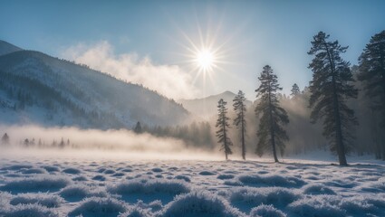 Magnificent winter vista showing sunlight breaking through heavy mist over a snow-covered field and dark conifers in a scenic mountain reserve