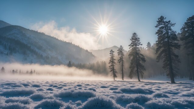 Magnificent winter vista showing sunlight breaking through heavy mist over a snow-covered field and dark conifers in a scenic mountain reserve - Powered by Adobe