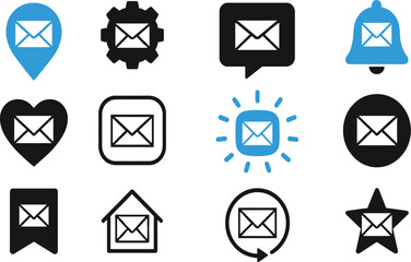 Editable Stroke Email Icon Set – Line Icons of Envelopes in Location Pin, Bell, Gear, Heart, Star, and More for Messaging, Notifications, and UI Design