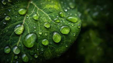 Eco-friendly concept with a close-up of water droplets forming a natural pattern on a green leaf background.