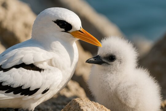 Close-up of a seabird with a chick featuring white tail feathers