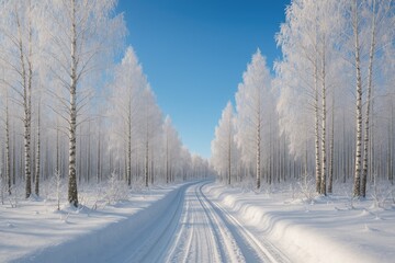 Fototapeta premium Concealed trail amid snow-laden birch trees in an Arctic-like woodland setting. Chilly outdoor adventure idea.