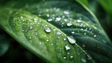 Fresh dew drops scattered across the smooth surface of a green leaf, shining in soft natural light, pure and serene.