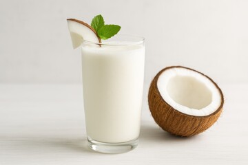 Refreshing coconut-flavored milkshake garnished with coconut pieces and mint leaves