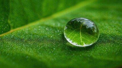 High-resolution macro shot of a single water droplet magnifying the surface texture of a bright green leaf.