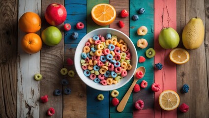 Colorful breakfast cereal presented in a bowl atop a multi-hued wooden table