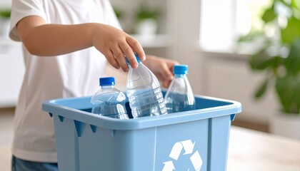 A child's hands carefully placing plastic water bottles into a blue recycling bin, promoting environmental awareness and sustainable habits at home