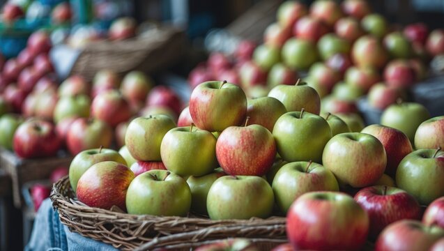 Out-of-focus background showcasing fresh, juicy apples in a market setting