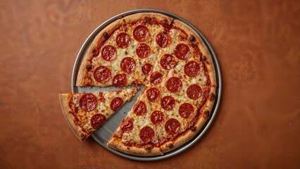Birdâ€™s eye close-up of a thin crust pepperoni pizza missing one slice, displayed on a metal tray at a dining venue