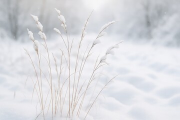 Snow-laden dry grass branches in a cold winter setting