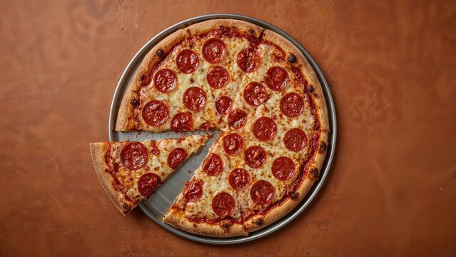 Birdâ€™s eye close-up of a thin crust pepperoni pizza missing one slice, displayed on a metal tray at a dining venue - Powered by Adobe