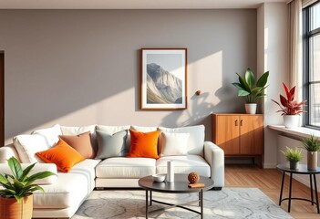 Modern apartment living room with sofa, framed art, cabinet, and houseplants, interior design, vector
