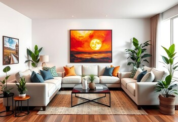 Modern living room, cozy sofa, plants, coffee table, artwork,  light,  cozy