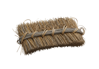 Weathered thatched roof piece, natural straw and reeds, golden-brown and grey, frayed, seamless transparent studio background, sharp focus, shadowless, concept of aged natural materials