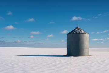 Obraz premium Picturesque view of a silo amidst a snow-covered landscape and bright blue sky