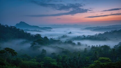 Obraz premium Enchanting sunset over dense rainforest with rain