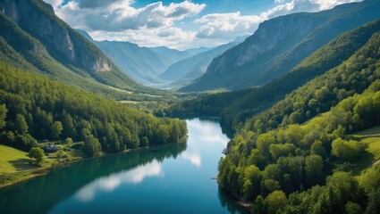 Obraz premium High-altitude shot of a scenic depression beside a freshwater pond