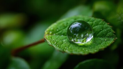 Macro close-up of large round water droplet balanced delicately on a fresh green leaf, magnifying its texture.