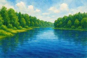 Fototapeta premium Serene blue waters nestled among vibrant forest foliage in warm weather