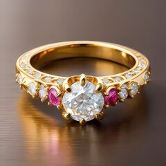 This is a high-resolution photograph of an elegant gold engagement ring with a large, round-cut diamond centerpiece. 