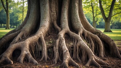 Historic large tree roots emerging from the ground in a green park