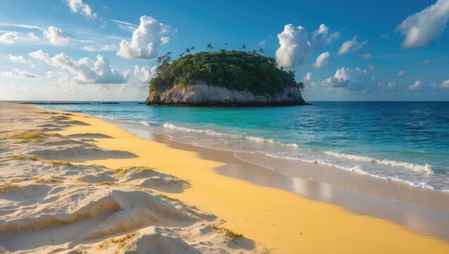 Tranquil coastal scene featuring yellow beaches on a remote island