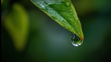Macro of a single drop on a green leaf edge about to fall, symbolizing purity, nature, and freshness.