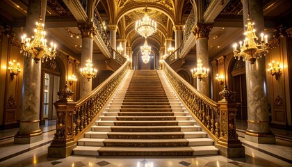 豪華なお城の階段　シャンデリア　シンメトリー