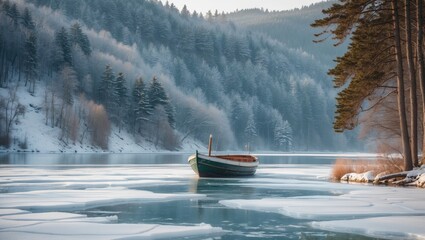 Fototapeta premium Frosty lake scene featuring a boat