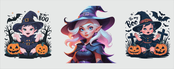 Fototapeta premium Vector art of cute halloween witch cartoon set