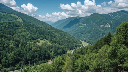 Obraz premium The green rural terrain provided an awe-inspiring outlook featuring magnificent forests, a winding street, and towering hills, harmonizing with nature.