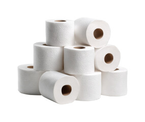 Stacked white toilet paper rolls in bright environment, isolated on transparent background, png
