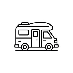 Camper van or RV in a simple black and white line art icon style motorhome vehicle