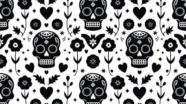Seamless sugar skull pattern with floral and heart motifs for Dia de los Muertos and gothic t shirt design