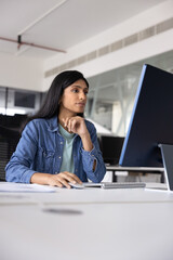 Serious young Indian professional woman in casual working on creative startup project at pc monitor in office, using business application, online modern technology for job task. Vertical shot © fizkes