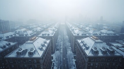 Aerial view of a vast snow covered urban landscape with a central road disappearing into a bright hazy sky on a cold winter day