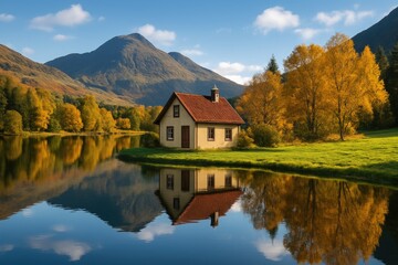 Fototapeta premium Small vacation retreat beside a tranquil lake with mirror-like surface