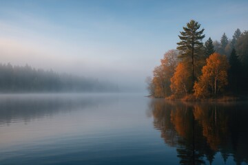 Peaceful dawn with fog rolling over the water