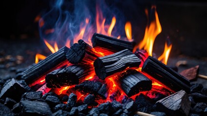 Burning black coals nestled in the fireplace