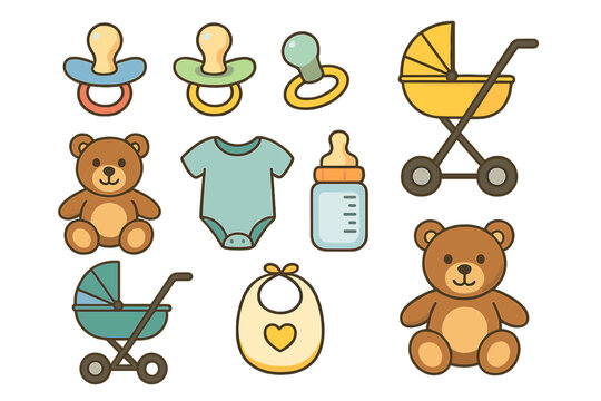 Baby shower icon set with cute newborn essentials. Vector collection of cartoon items for infant care. Includes stroller, teddy bear, pacifier, bottle, bib, and bodysuit.