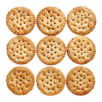 Nine round crackers, overhead shot, white background, food photography, packaging design