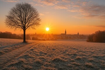 Morning glow during winter frost with a rural community in the background