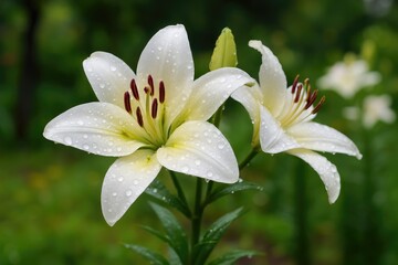 Obraz premium Rain-kissed Lily flowers blooming in the garden, with water droplets on petals and a blurred backdrop, captured with selective focus.