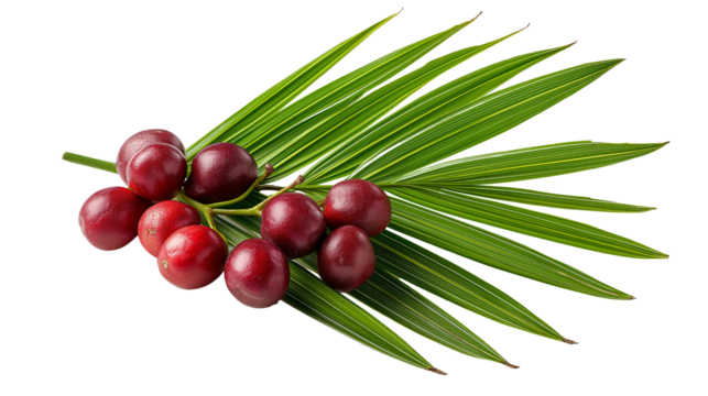Fresh and vibrant cluster of red fruits resting on long green palm leaves, showcasing natural and tropical aesthetic. rich colors evoke sense of freshness and vitality