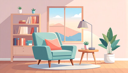 Cozy Living Room Interior with Armchair and Bookshelf.