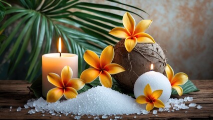 Luxury spa collection featuring scented candle, tropical blossom, and mineral salt elements