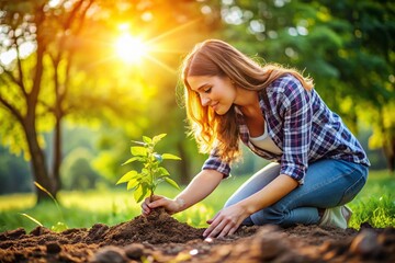 Protecting Our Planet: A Young Woman Plants a Tree, Leaving Ample Copy Space for Environmental Messages