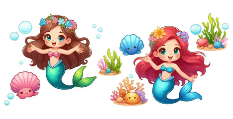 Fototapeta premium Vector art of cute mermaid isolated on white background